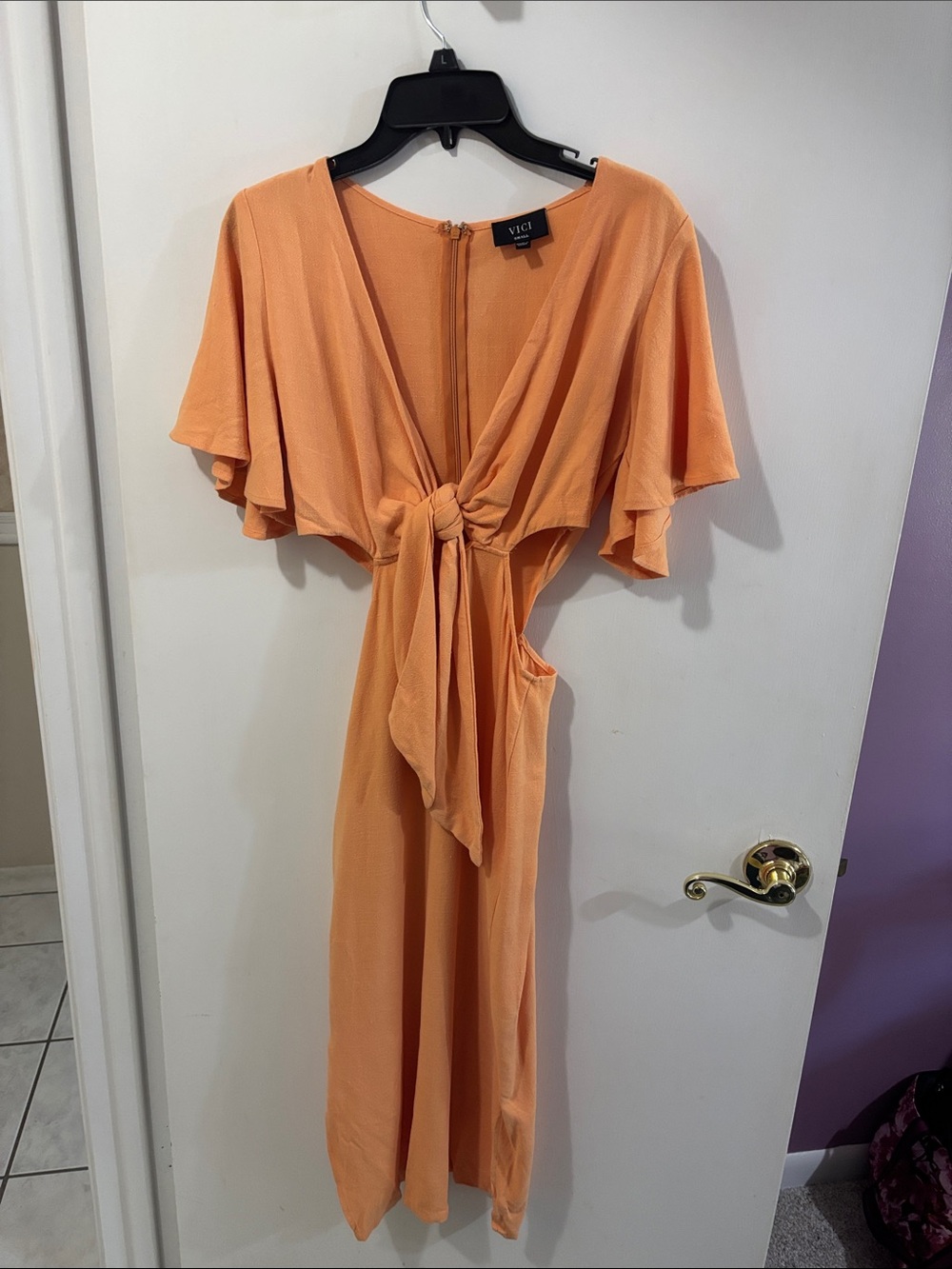 VICI Peach Tie-Front Midi Dress with Flutter Sleeves and Cut-Outs